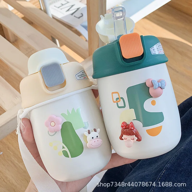 Vacuum flask female cute cartoon straw-style water cup 2021 new student children portable high-value water bottle cup