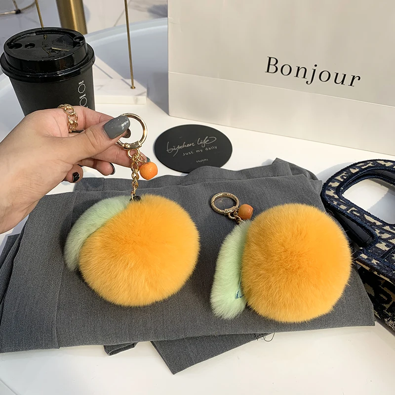 Fluffy Rex Rabbit fur keychain Cute Plush Sweet Tangerine Women\'s  Bag Toys Trinket orange Pendant Upscale metal Car Key Ring