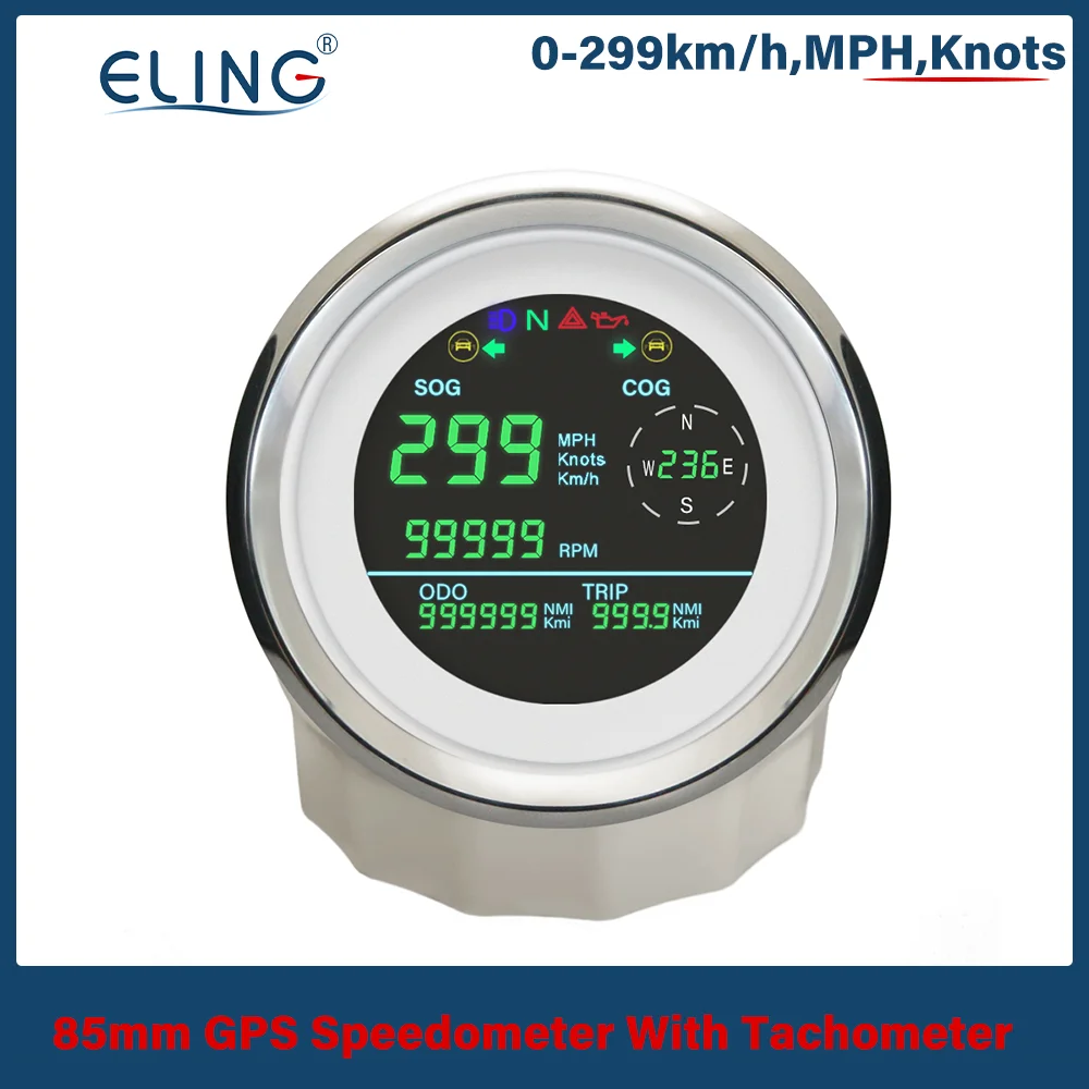 ELING 85mm Multi-function LCD GPS Speedometer 0-299km/h MPH Knots Trip Odometer Direction RPM Tachometer for Car Motorcycle