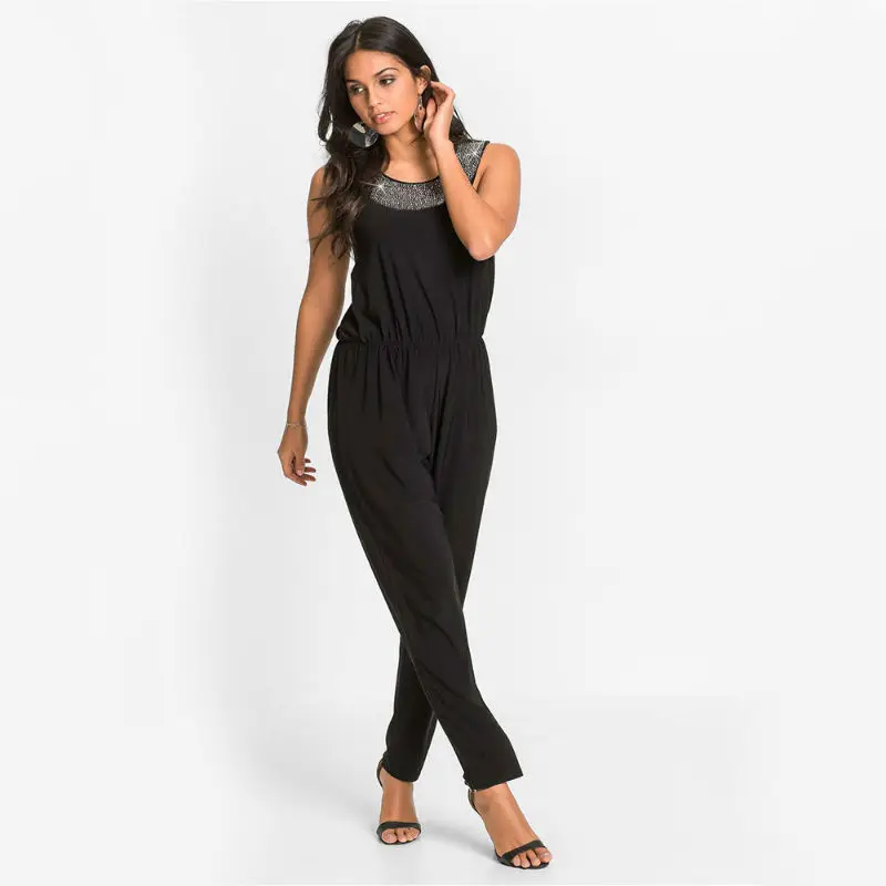 Macacão feminino preto e azul, nova coleção 2020, com elástico na cintura, perfuração prateada, para noite, sexy, calça comprida casual s a1835