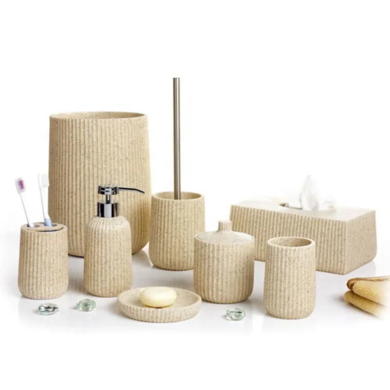 

Factory Price Beige Color Decorative Sandstone Bathing Products with Soap Dish Polyresin Bathroom Asscssories Set