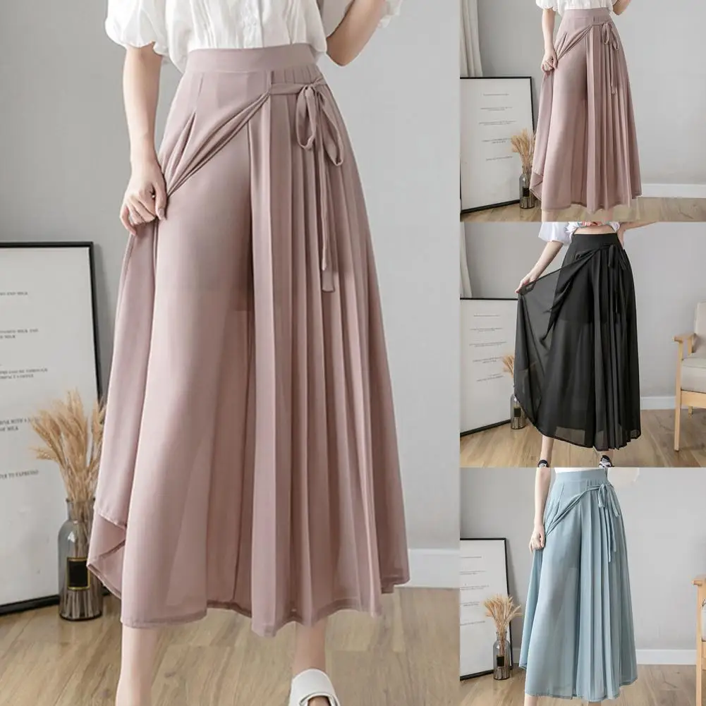 Casual Women Pants Solid Color Wide Leg High Waist Pleated Loose Slacks Trousers for Work