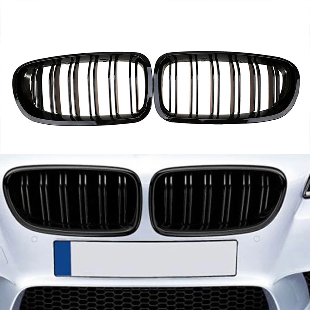 2010-2016 For BMW Sedan F10 F11 520i 530i 535i Gloss Black Front Kidney Twin FIns Double Lines Dual Slat Bumper Griil Grille