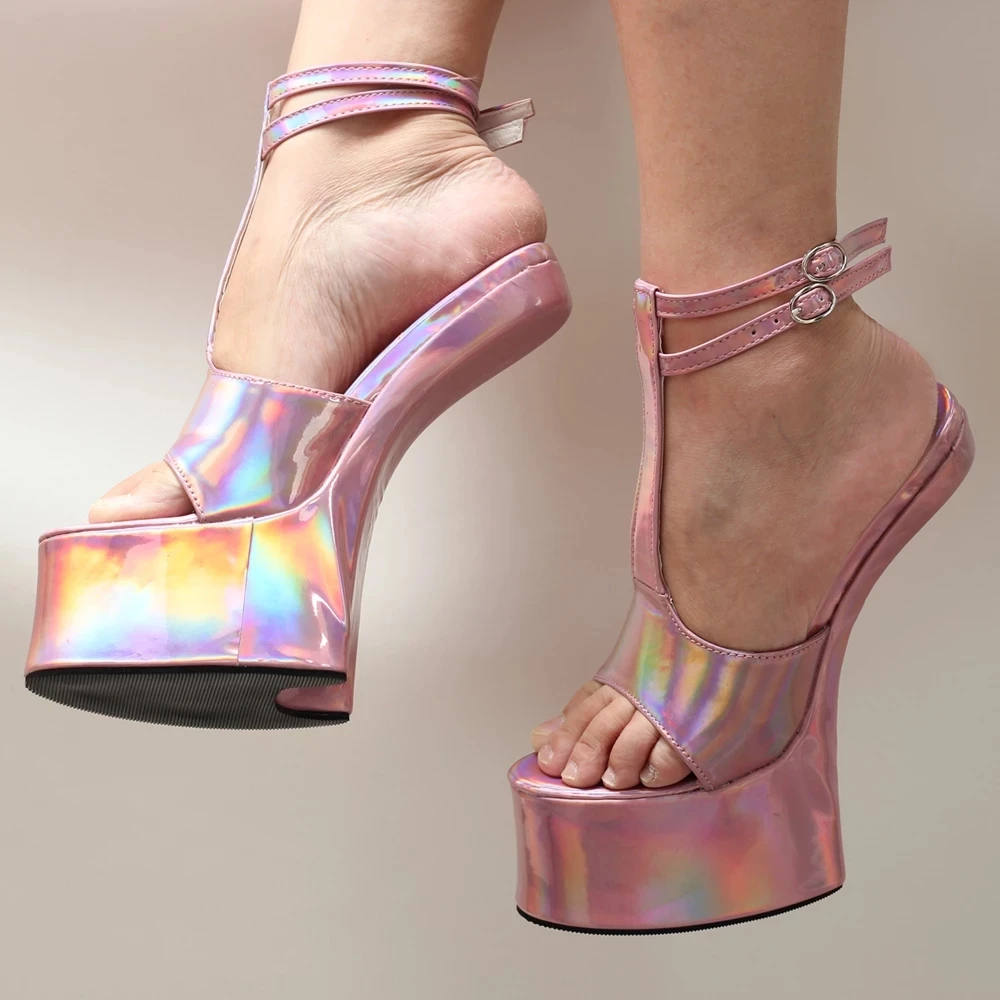 Novel High Heel Sandals 18CM Horse Heelless Hoof Heels Platform Holographic Color Women Party Night club Shoes