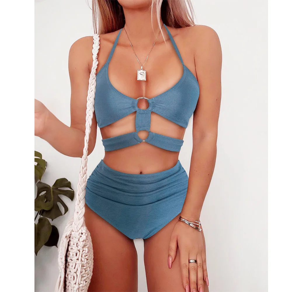 

2020 Women Thread Bikinis Set Swimwear Summer High Waist Swimsuit Solid Beach Bodysuit Bandage Bathing Suit Biquini Female Wear