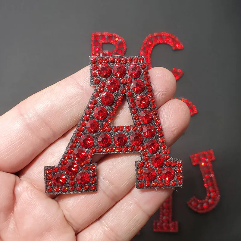 Iron on Clothes A-Z 26pc Red Rhinestones Letters Patches for Clothing Tassel Embroidery Appliques Sticker Stripe Badge Diy Craft