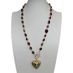 YYGEM Blue Larimar Heart Shaped Pendant for women Natural Amethyst With Electroplated Wrap Necklace