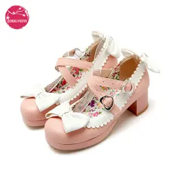 Décolleté per ragazze scarpe Lolita donna Cosplay piattaforma per feste tacco alto scarpe Mary Janes rosa con nodo a farfalla più grandi dimensioni 34-48