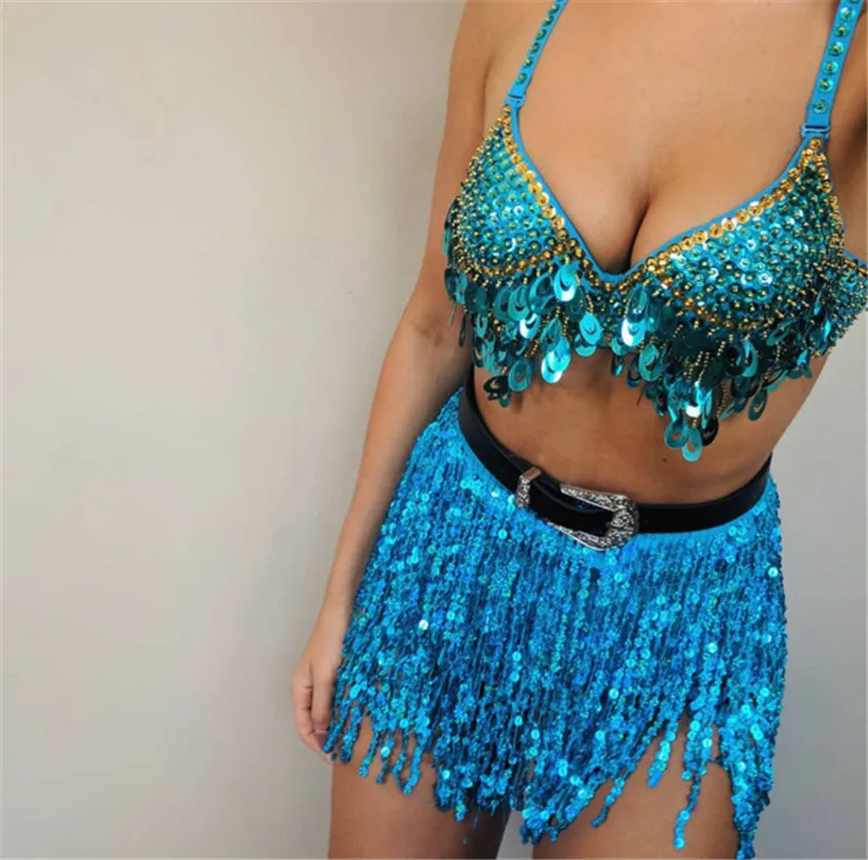 Women Sexy Belly Irregular Fringed Sequins Bandage Miniskirt with Adjustable Waist Straps Dance Performance Rave Party Nightclub