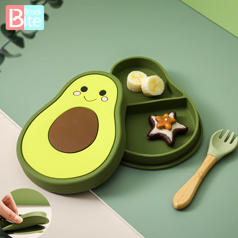 

Bite Bite Baby Feeding Palte Food Grade Silicone Avocado Double Combo Baby Dinner Plate Children Non-slip Kitchen Supplies