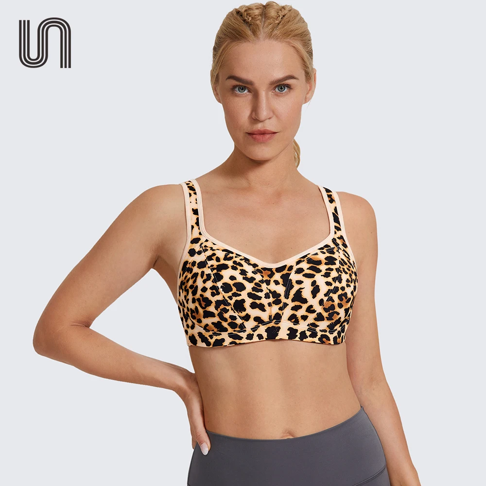 SYROKAN-sujetadores con estampado de leopardo para mujer, ropa interior de entrenamiento con soporte de aros de alto impacto, talla grande,