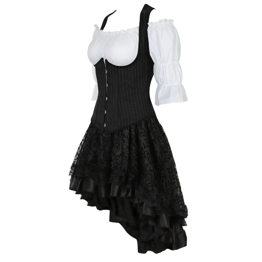 Women Gothic Corset Dress Sexy Striped Underbust Corset Vest Renaissance Blouse Asymmentrical Floral Lace Skirt Set Three-Pieces