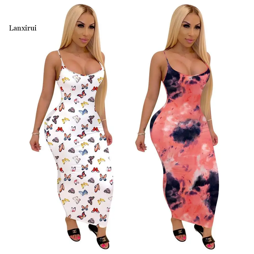 Sexy Casual Women Summer Dress Skinny Print Long Dress Female Camis Robe Party Club Vestidos Women Pack Hip Pencil Dresses