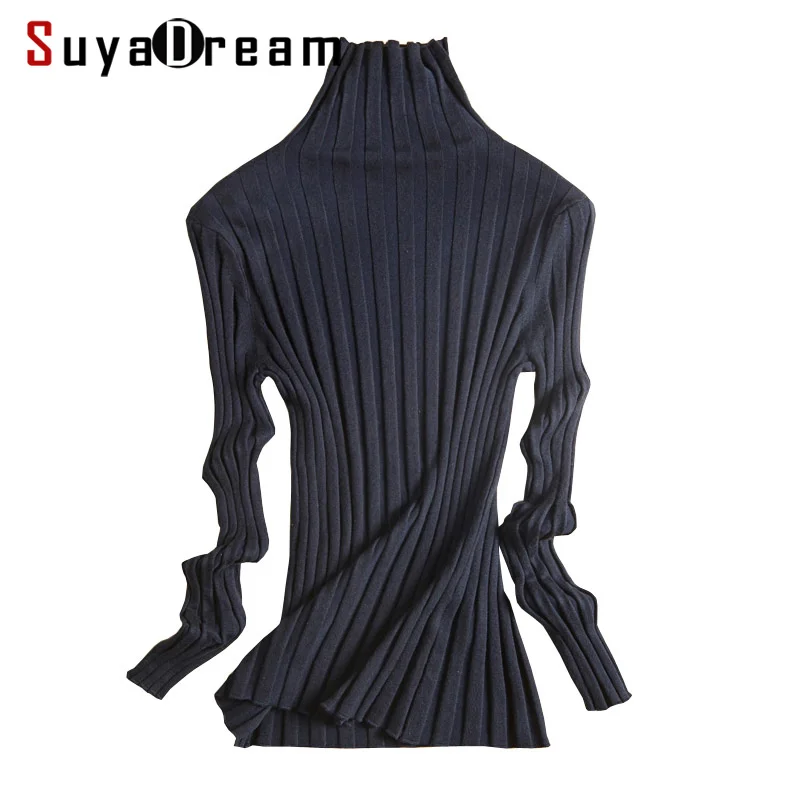 SuyaDream Women Turtleneck Ribs Pullovers Solid Slim Fit Sweaters 70%Silk 15%Cashmere 15%Nylon 2021 Fall Winter Knit Top