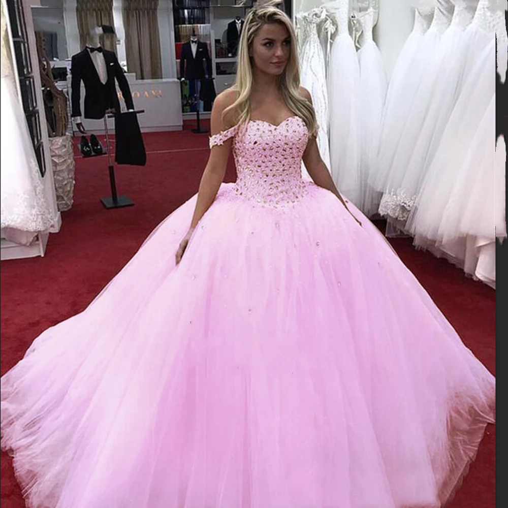 Vestidos De baile con cuentas y cristales para quinceañera, vestido De tul con hombros descubiertos, ropa De baile De 16 años