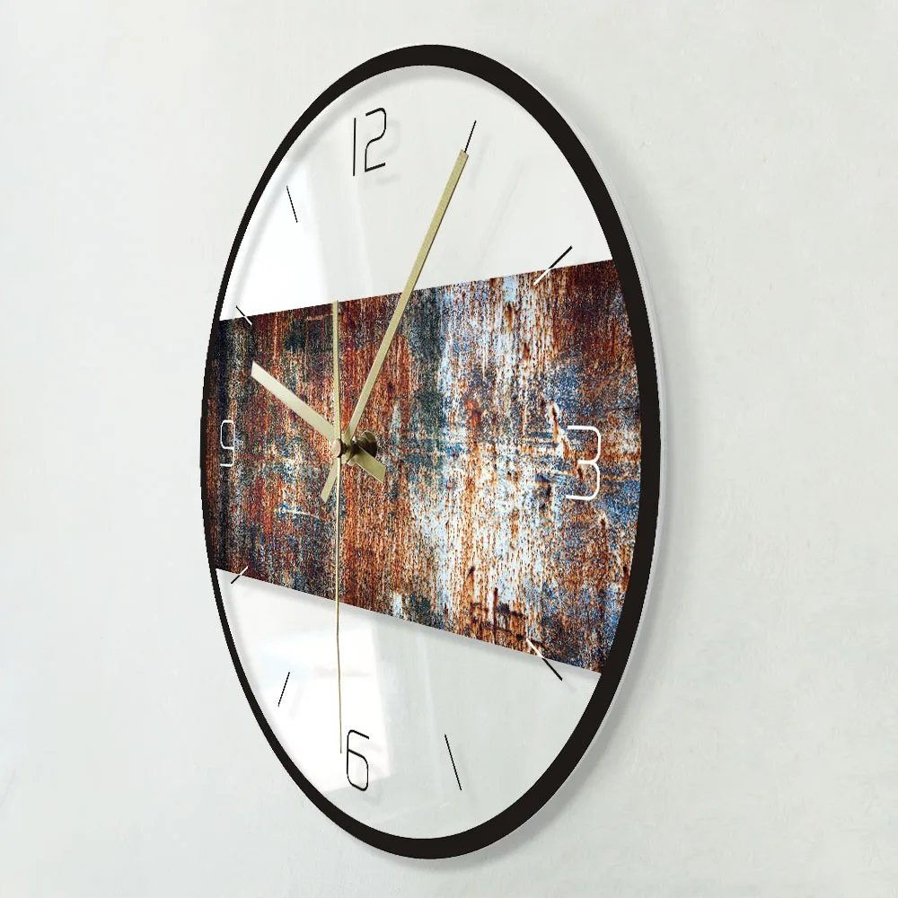 Rusty Metal Texture Printed Wall Clock Iron Faux Patina Covered With Rust Modern Round Vintage Art Wall Watch Housewarming Gift