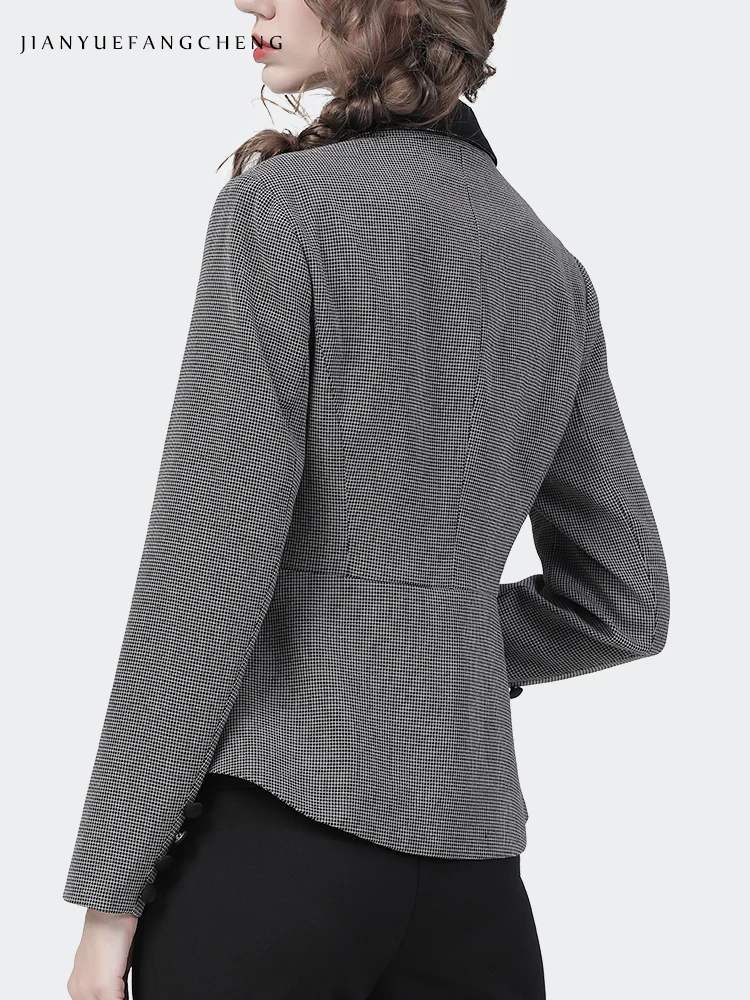 Vintage Grey Plaid Women Blazer Elegant Slim Office Ladies Coat Short Slim 2021 Autumn New Female Work Wear Suit Tops