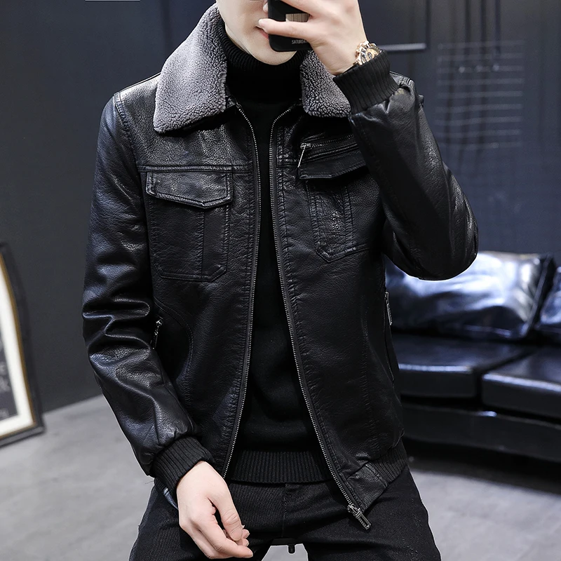 2021 Men Winter Leather Jacket Motorcycle Coat Lining With Velvet Stand Collar Air Force Casual Faux PU BlackWindbreaker S-4XL