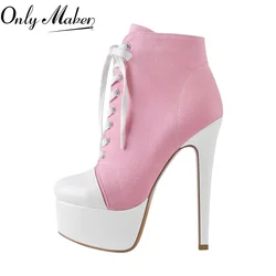 Onlymaker Women Spring Autumn Ankle Boots Pink Canvas Cross-tied Lace up Platform Stiletto Booties Fashion Daily High Heels