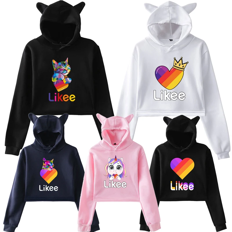 

Cat Ear Likee App Hoodies Pink Women LIKEE Sweatshirt Female Cute Cartoon Unicorn Pullover Harajuku Girls Cat Style Tops