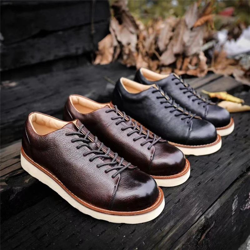 Goodyear Handmade Top Quality Men Casual Shoes Vintage British Cow Leather Dress Ankle Boots Tooling Loafers Lace-up Breathable