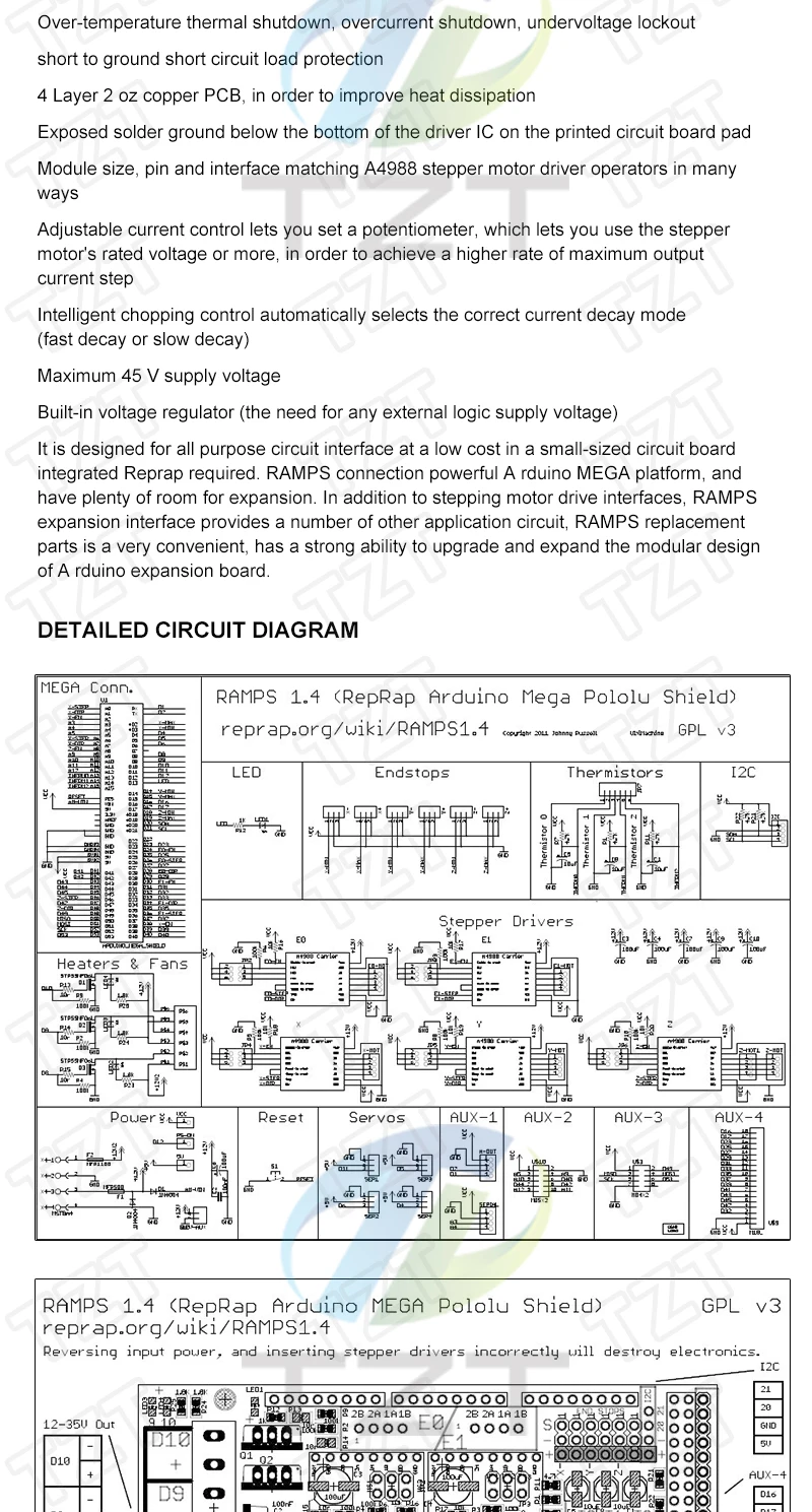 TZT Mega 2560 R3 + RAMPS 1.4 Bedienfeld + 5 Stück A4988 oder DRV8825 Schrittmotorantrieb für Arduino – Detail 2