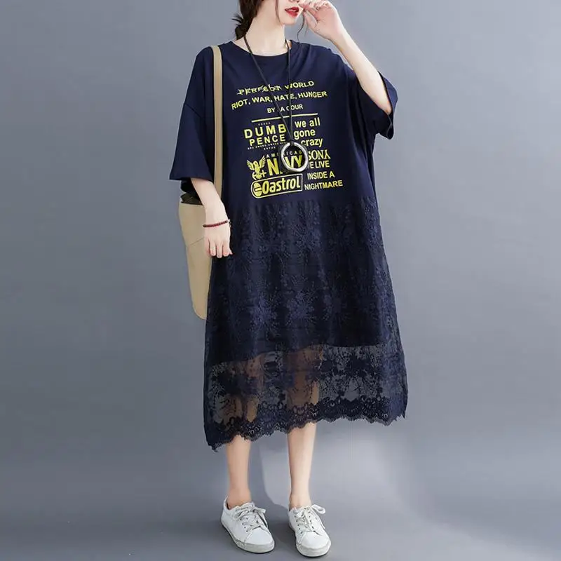 Quá Khổ Ren Áo Mùa Hè 2022 Hàn Quốc Cotton Ngắn Nữ Đầm Nữ Thời Trang Mới Oversize Dài Đầm Midi