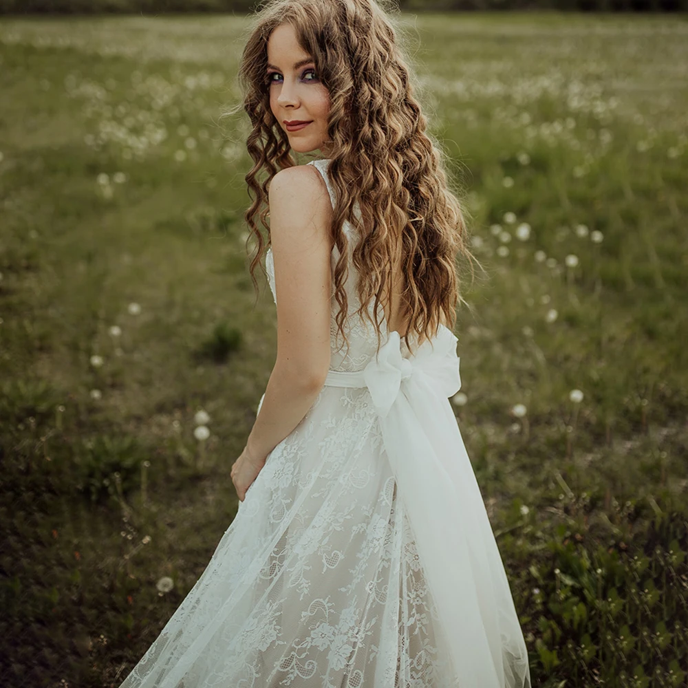 Vestido de fiesta de boda con lazo trasero abierto, sin mangas, personalizado, de talla grande, jardín romántico, cinto con lazo, cuello en V, traje nupcial de playa