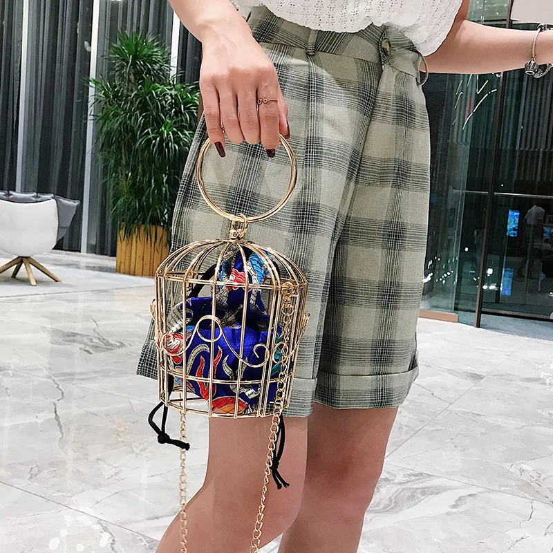 Women\'s Birdcage Evening Bag Clutch Metal Frame Embroidery Bucket Bird Cage Mini Totes Ladies Purses Female Gold Tassel Handbags