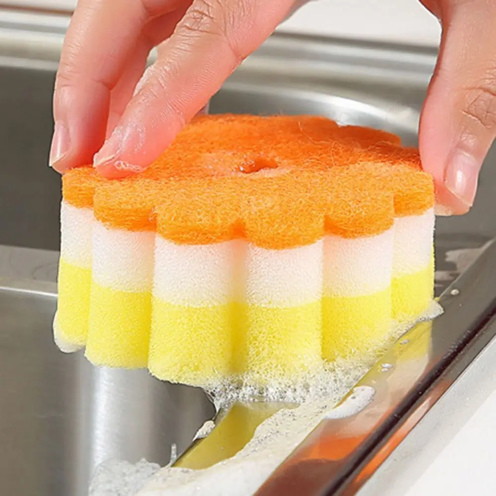 Practical Sponges Scouring Pads Flower Shape Sponge Brush Tableware Glass Wash Dishes Kitchen Cleaning Tool Random Color