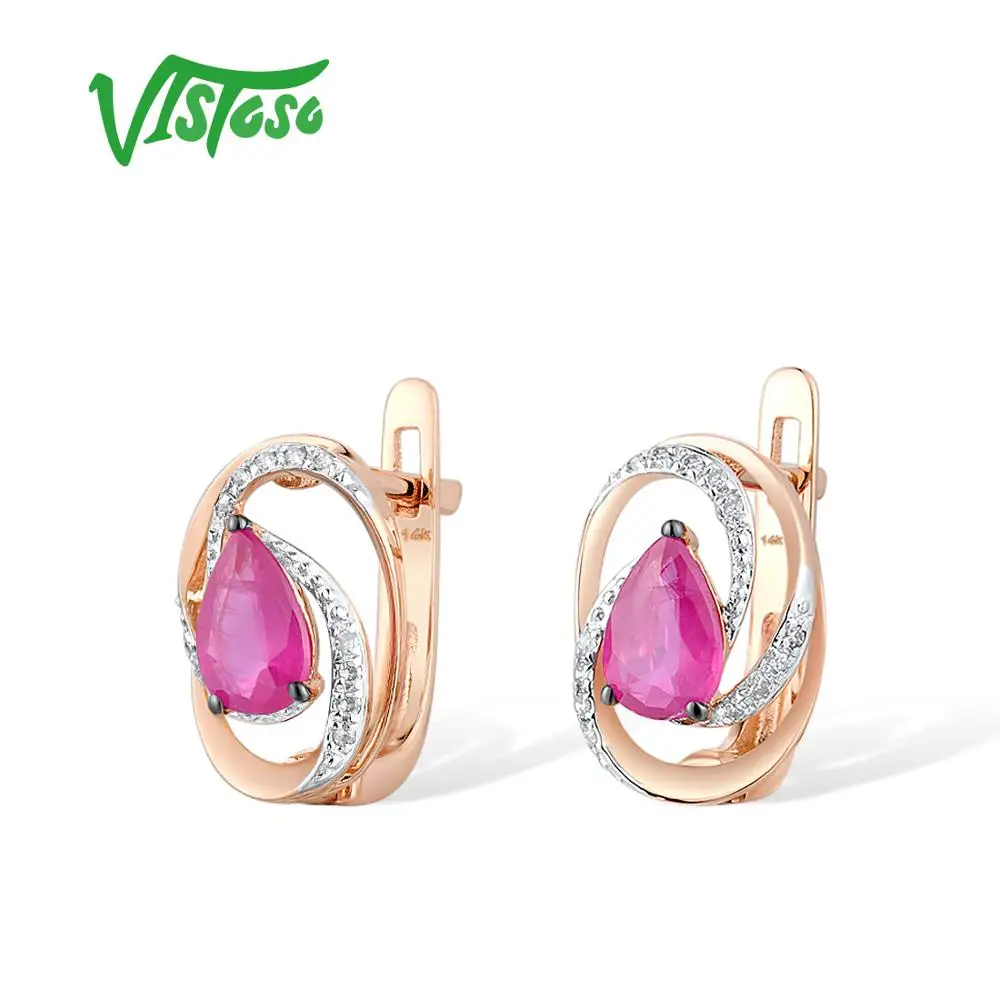 VISTOSO 14K 585 Rose Gold Earrings For Women Shimmering Natural Ruby Diamond Glamorous Oval серьги Trendy Party Fine Jewelry