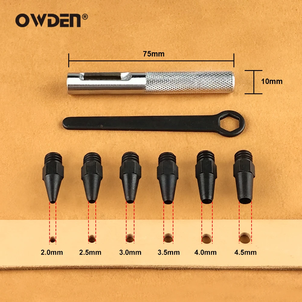 OWDEN 6 in 1 Hollow Punch Kit Tool Set 2.0/2.5/3.0/3.5/4.0/4.5mm Leather Holes Perforating Leather Tools for Punching