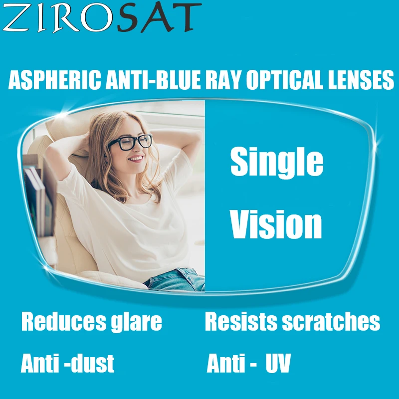 ZIROSAT Aspheric Anti-Blue Ray MR-8 1.61index Super Tough Optical Glasses Single vision Blue Ray Blocking for Rimless