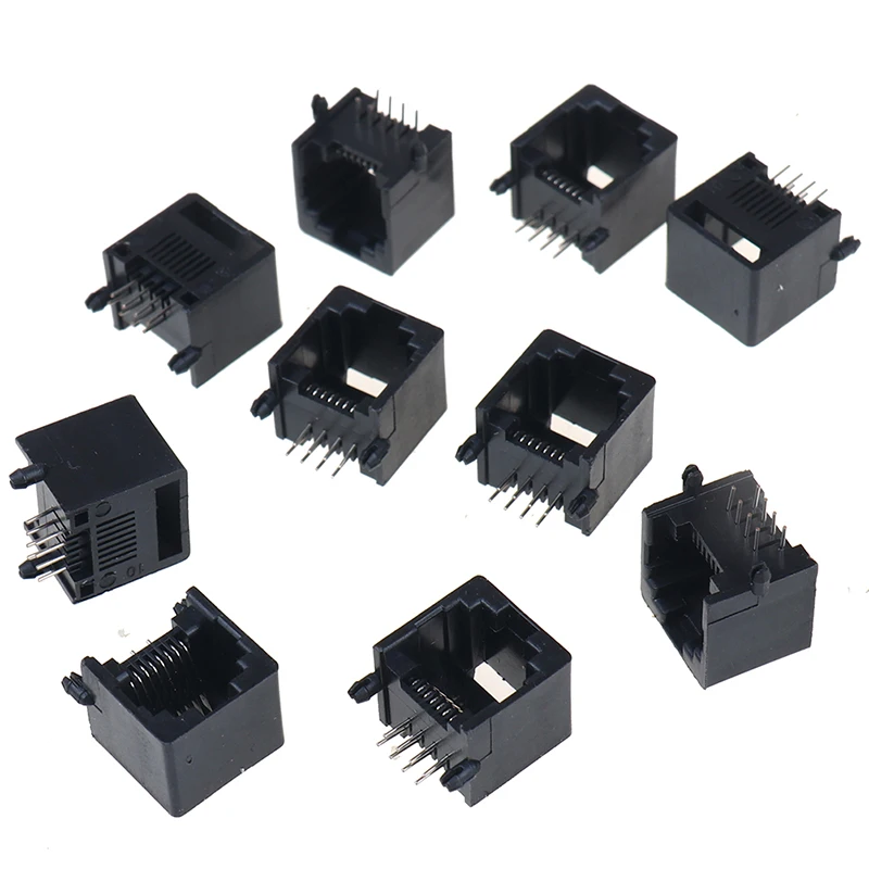 10pcs RJ45 8P8C Female Connector PCB Jack Socket Black Ethernet Network Port for Computer Internet Through Hole