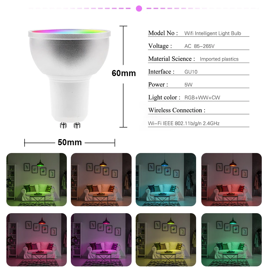 GU10 Smart LED Light Cup 5W Wireless WiFi Smart Bulb RGB+WW+CW Color Dimmable Led Bulbs Work with Tuya Smart Life APP 1/2/4PCS