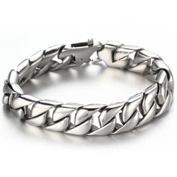 15mm Wide New Design Silver Color Polished Chain Stainless Steel Miami Cuban Curb Chain Mens Male Bracelet Jewelry 7-11inch