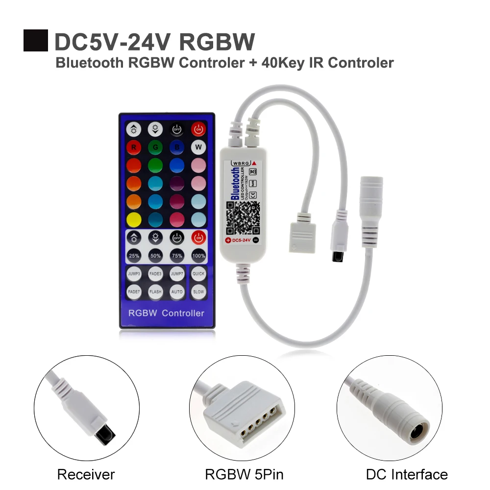 RGBW LED Controller DC12V 40Key IR Remote Control / Bluetooth Control for RGBW or RGBWW LED Strip Lights.