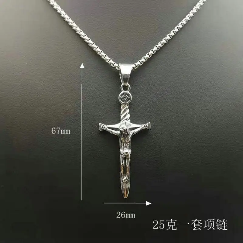 European and American retro punk religious jewelry Stainless steel cast catholic jesus and sword cross pendant