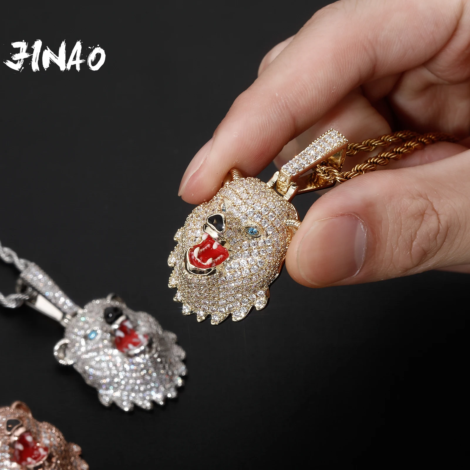 

JINAO 2021 NEW Roaring Bear's Head Pendant High Quality Personality Iced Out AAA+CZ Pendant&Necklace Jewelry For Gift