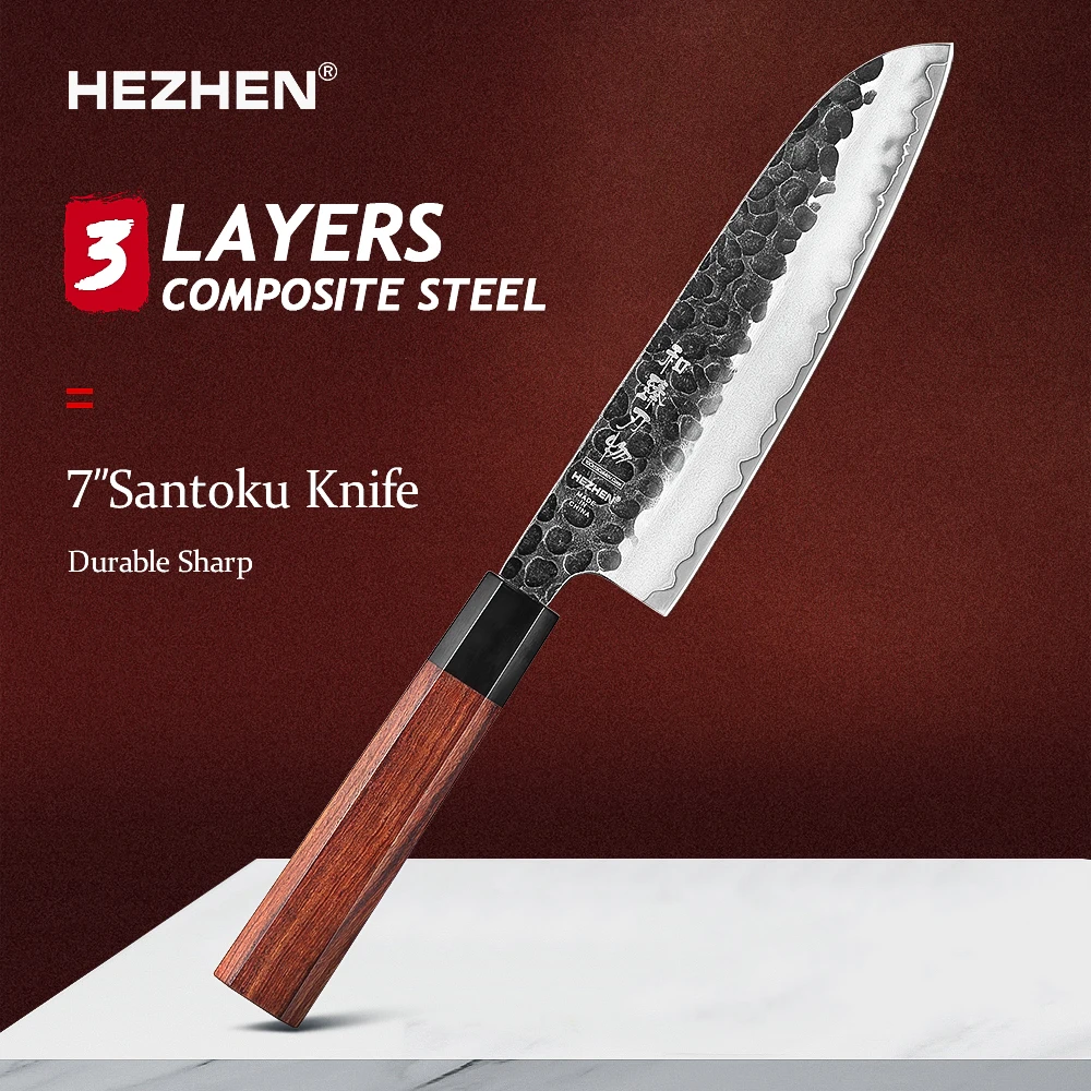 

HEZHEN 7 Inches Santoku Knife 3 Layers Composite Steel High quality Rosewood handle Kitchen Accessories