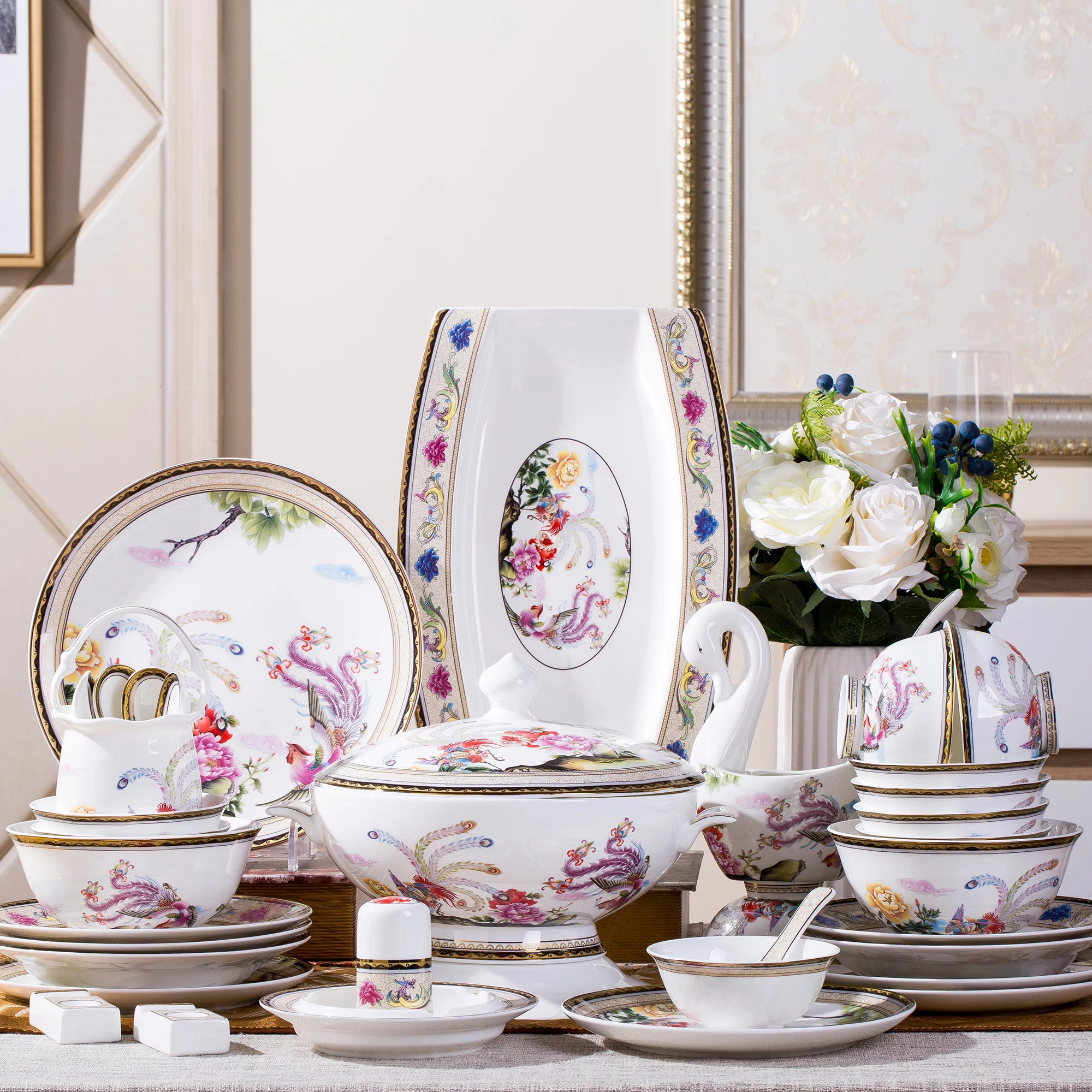 

Family set, dishes, tableware, Bone China, bowl and chopsticks, dinner set, bowl and plate, Chinese style, European style