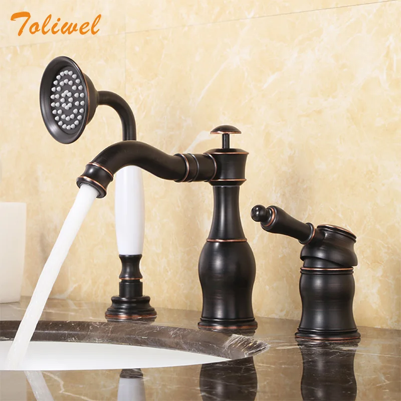 

3 PCS Brass Bathroom Faucet Three Hole Basin Sink faucet Mixer Taps Cold Hot Water tap with Handhold Shower Head Black Gold