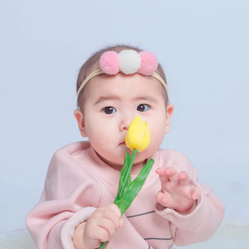 Baby Girls Headband Triple Pompom Newborn Nylon Hairbands Cute For Infant Autumn Winter Hair Accessories Toddler Scrunchy Turban