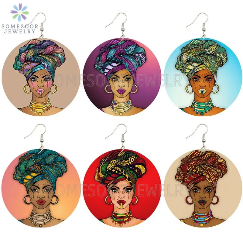 

SOMESOOR 6 Designs Printed Hoops Lady African Wooden Drop Earrings Headwrap Woman Locs Afrocentric Ethnic Handmade Wood Jewelry