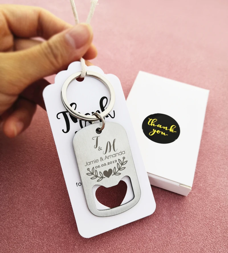 Personalized Engraved Stainless Steel Beer Bottle Opener  Keychains keyrings Wedding Party Gift Favor Openers Organza Bag