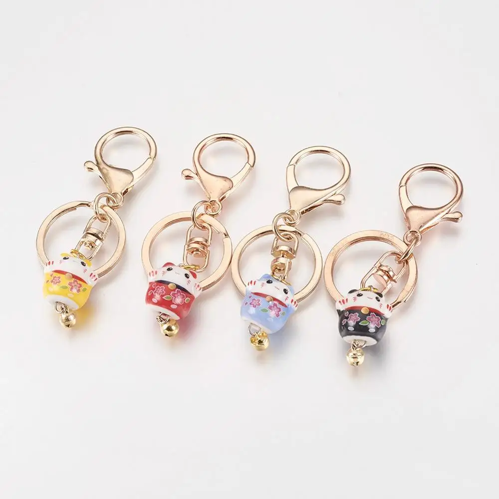 10pcs Mixed Color Fortune Cat Handmade Porcelain Keychain with Alloy Lobster Clasps Iron Bell & Key Rings Jewelry Accessories