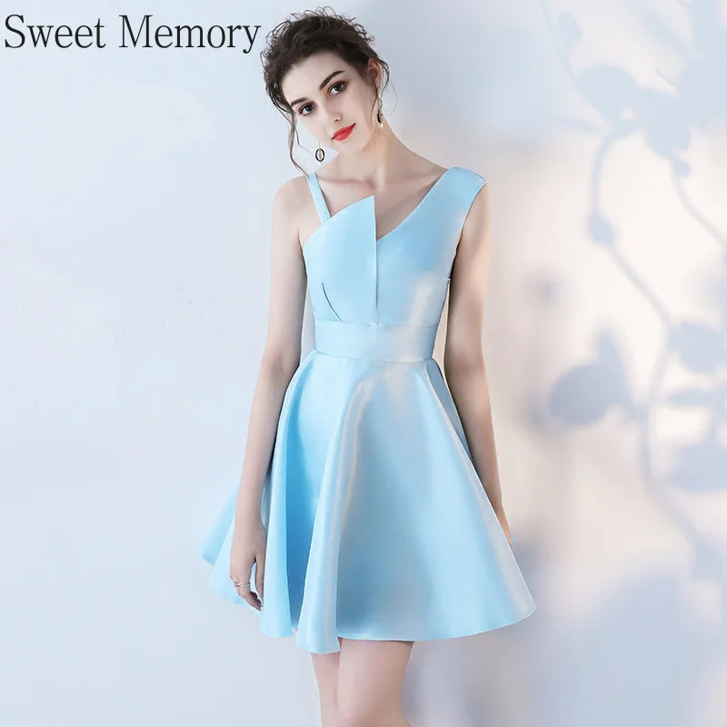 F285 Sweet Memory Satin Pink Sky Blue Prom Dresses Summer Women Celebrity Banquet Wedding Short Party Dress Robe De Soiree