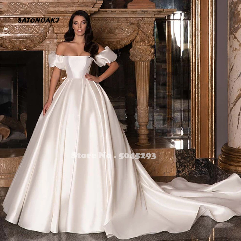 

2024 Elegant Off The Shoulder Satin Wedding Dresses Short Puffy Sleeves A-Line Princess Bridal Gown With Train Vestido De Novia