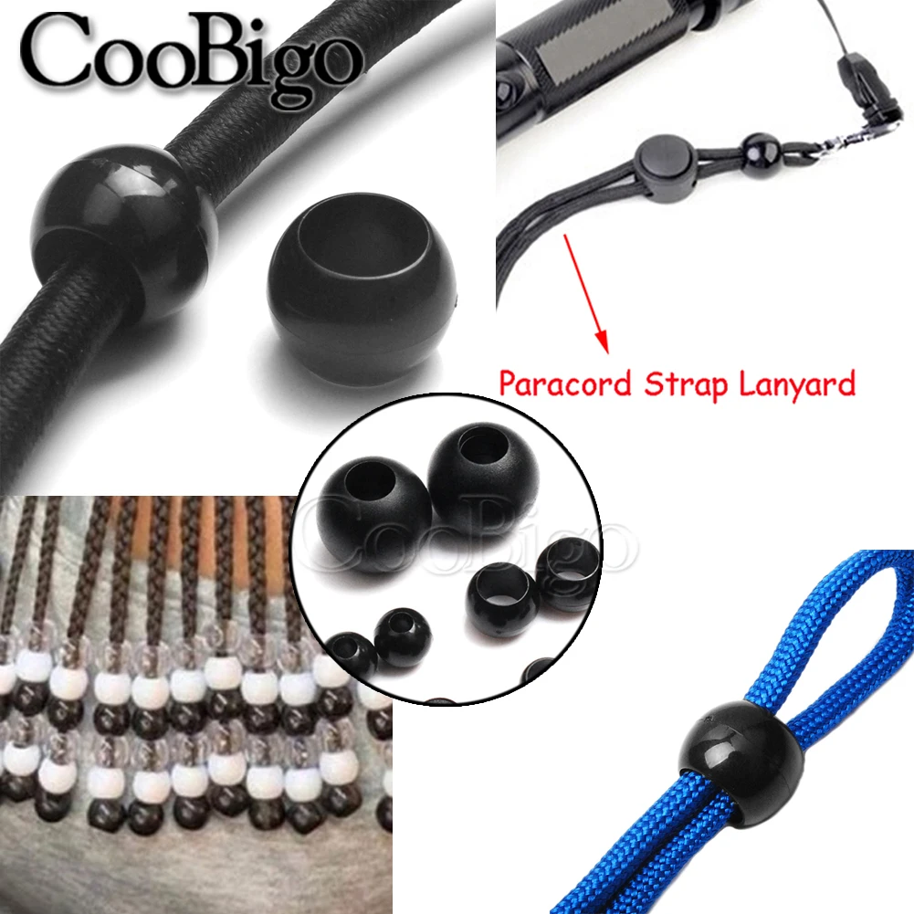 20pcs Plastic Pony Beads Spacer Cord Lock End Paracord Strap Lanyard Clasp Outdoor Camp Tent Accessory Black Large Hole Barrel