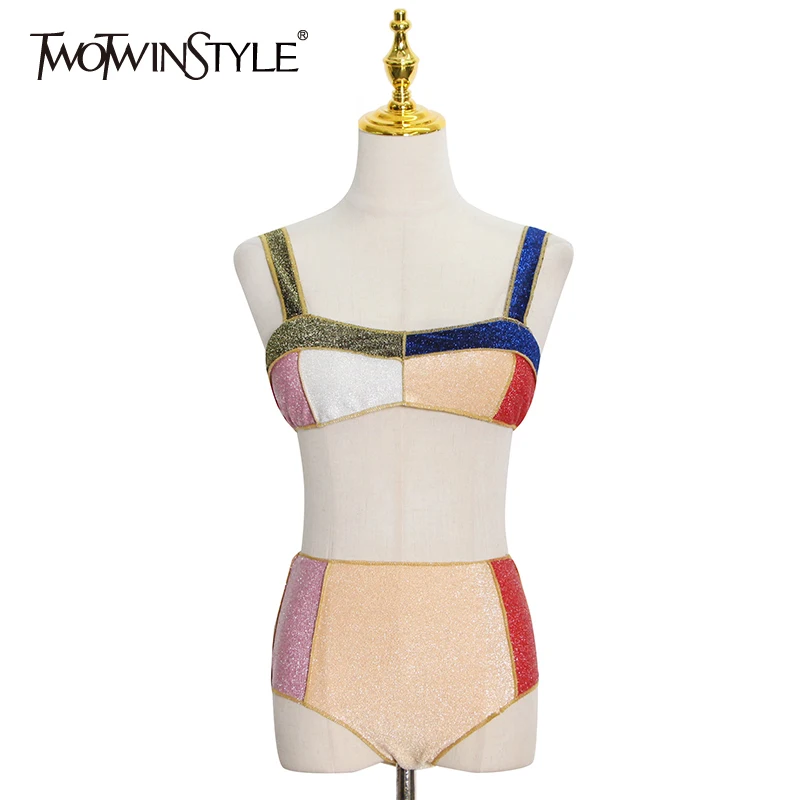 

TWOTWINSTYLE Colorblock Sexy Two Piece Set For Female Square Collar Sleeveless Lace Up Camisole High Waist Shorts Women's Suits